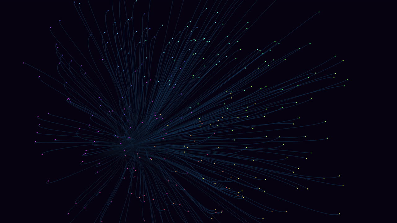 Dynamic abstract of a digital data network with glowing particles connected by flowing lines on a dark background, ideal for technology, big data, blockchain, and artificial intelligence concepts