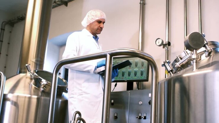 Brewer maintaining record on clipboard at brewery factory
