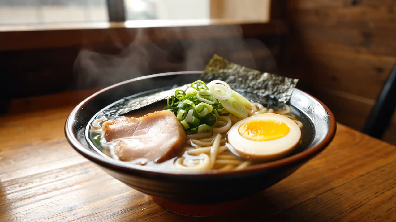 Bowl of delicious ramen with various toppings