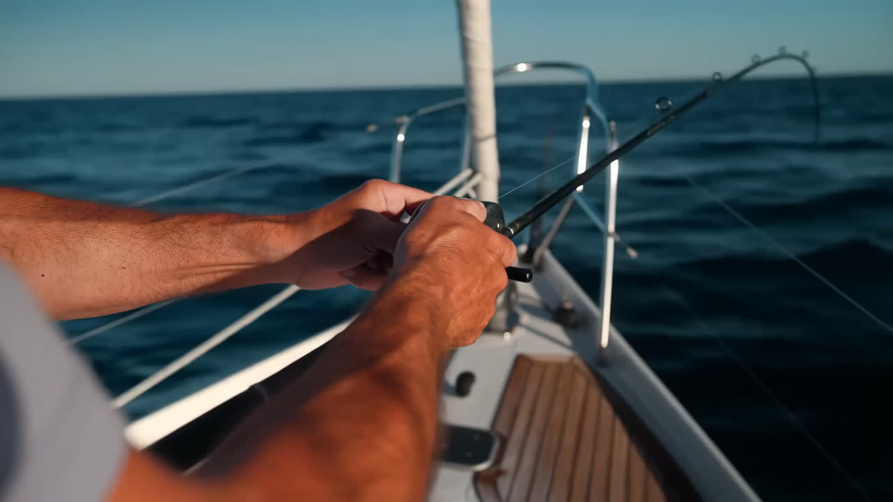 Manos sosteniendo una caña de pescar en un velero.