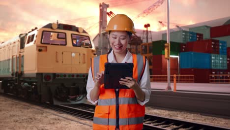 asian female engineer with safety helmet working on a tablet with freight cargo train at port