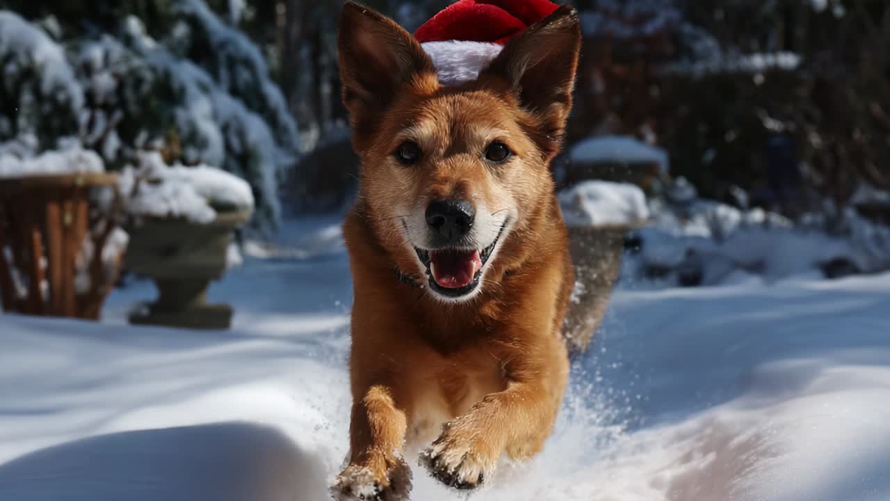 A Joyful Dog in a Festive Santa Hat Playfully Running Through a Snowy Winter Wonderland, Capturing the Essence of Happiness and Playfulness During the Holiday Season