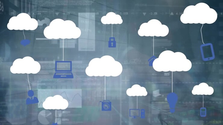 Animation of clouds with diverse technology devices over businesspeople