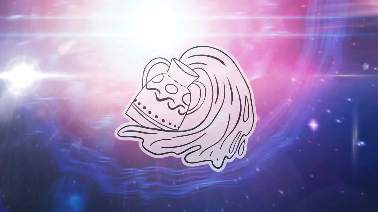 밤에  ⁇ 는 태양과 별 위의 물병자리 별자리의 애니메이션 분홍색에서 파란색 하늘