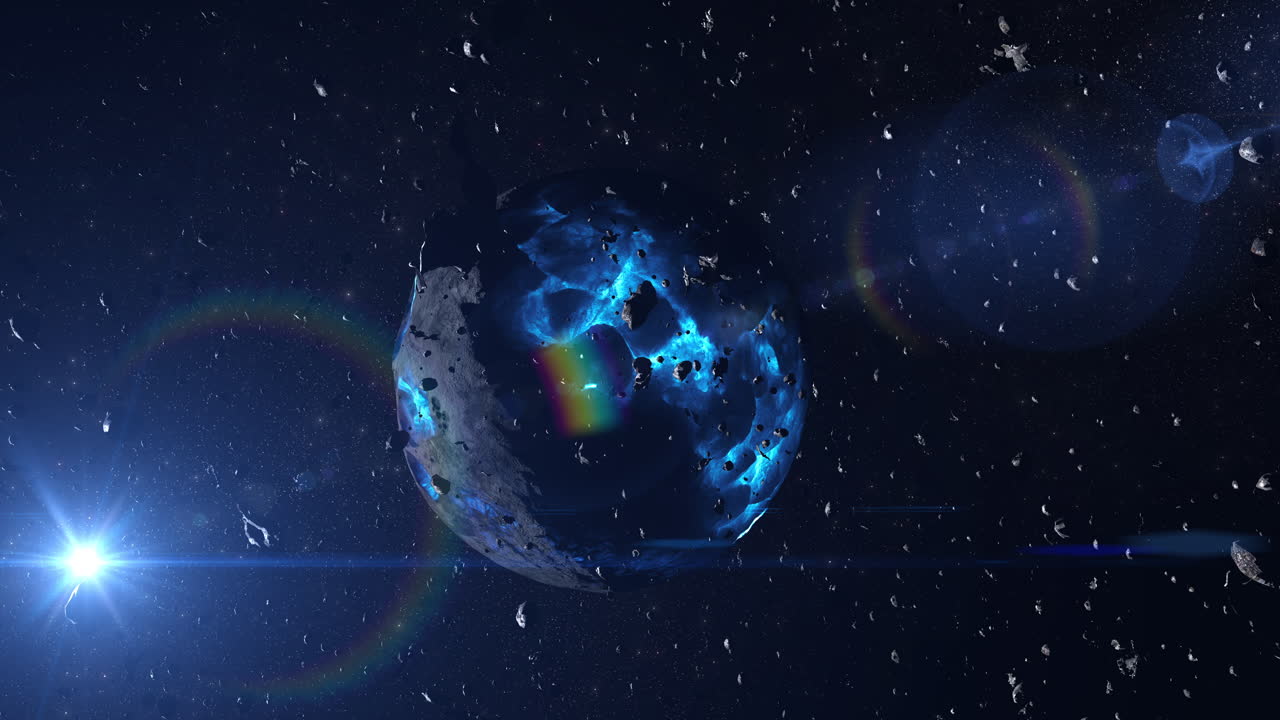 A planet surrounded by asteroids in space with a rainbow