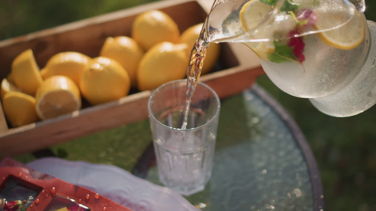 Brocca di acqua al limone illuminata dal sole su tavolo di vetro, cassetta di legno di limoni accanto alla brocca, fette di menta e rondelle di limone che galleggiano, condensa che si forma a goccioline, venditore che sistema la brocca, versando in un bicchiere, caldo.