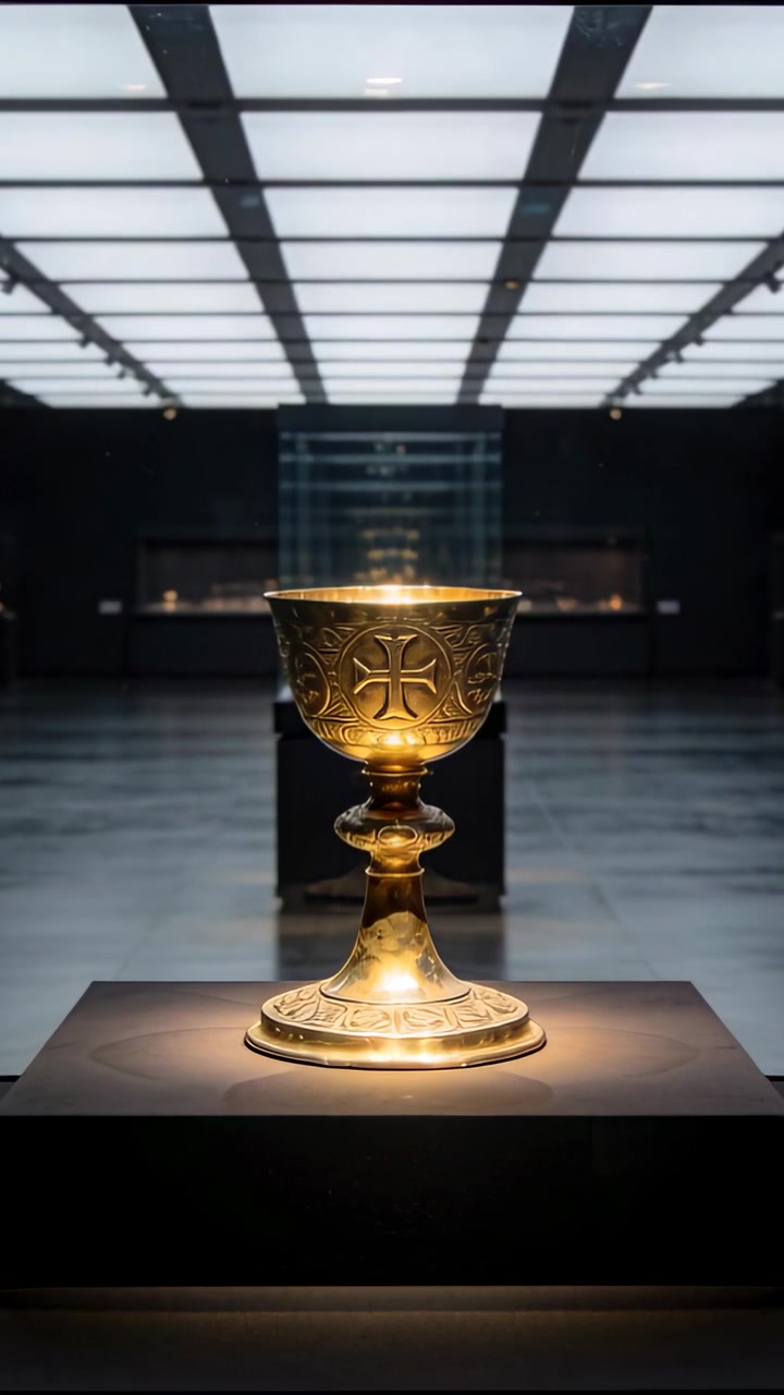 Video verticale: Telecamera che zooma rivelando un calice d'oro su un piedistallo in una galleria, in mostra.