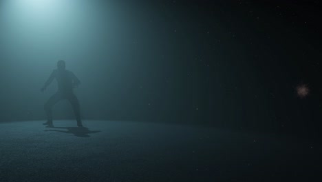 ninja shinobi character standing ready inside a dark space, with volumetric light behind him and dust particles floating, 3d animation, left view, camera zoom slowly