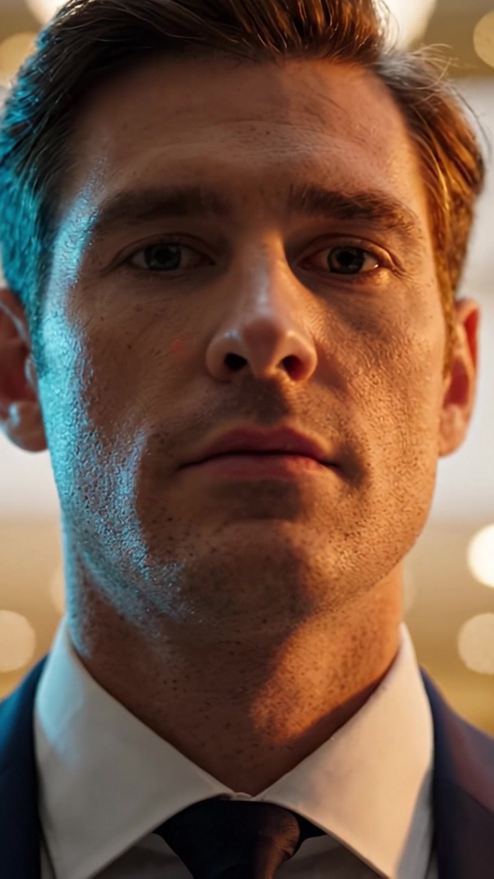 Intense Close-Up Portrait of a Serious Man in a Suit, Capturing Emotion and Determination Amongst a Blurred Background of Soft Lights and Ambience
