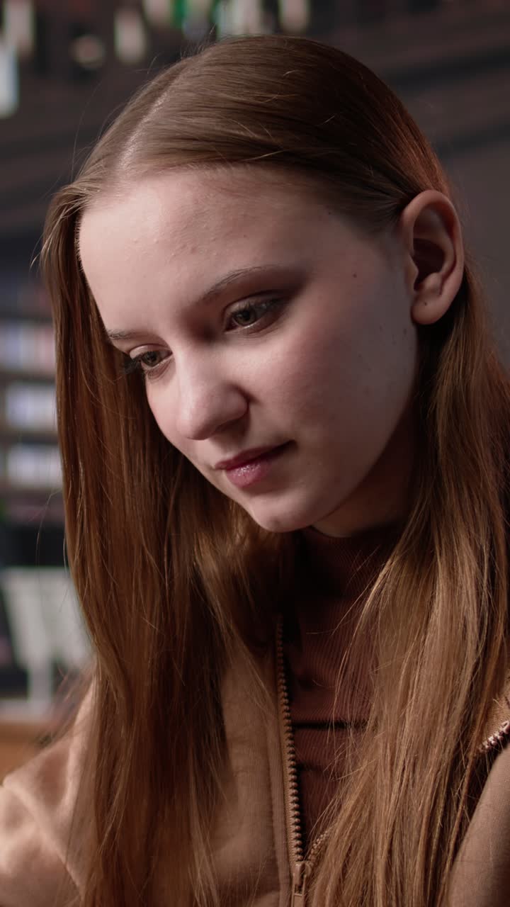 Vertical video female student makes final preparations for her university periodicals