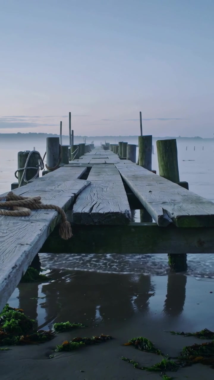 Vertical video: Pulling camera revealing aged dock in dawn haze, uncovering coiled rope and pilings