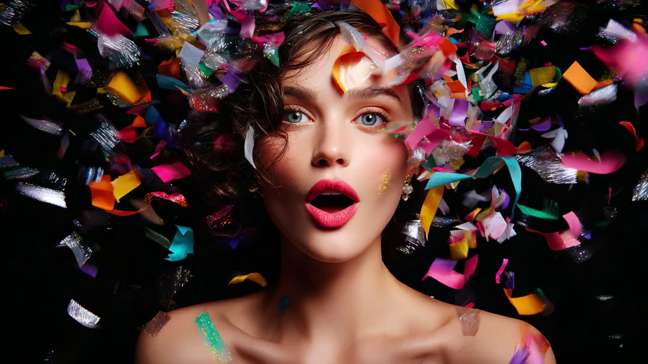 A Celebration of Joy: A Woman Surrounded by Colorful Confetti, Capturing the Essence of Exuberance and Delight in a Vibrant and Playful Atmosphere Filled with Wonder