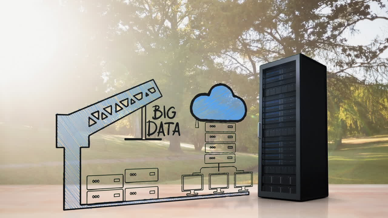 animación de grandes datos, esquema de red y servidor sobre el paisaje