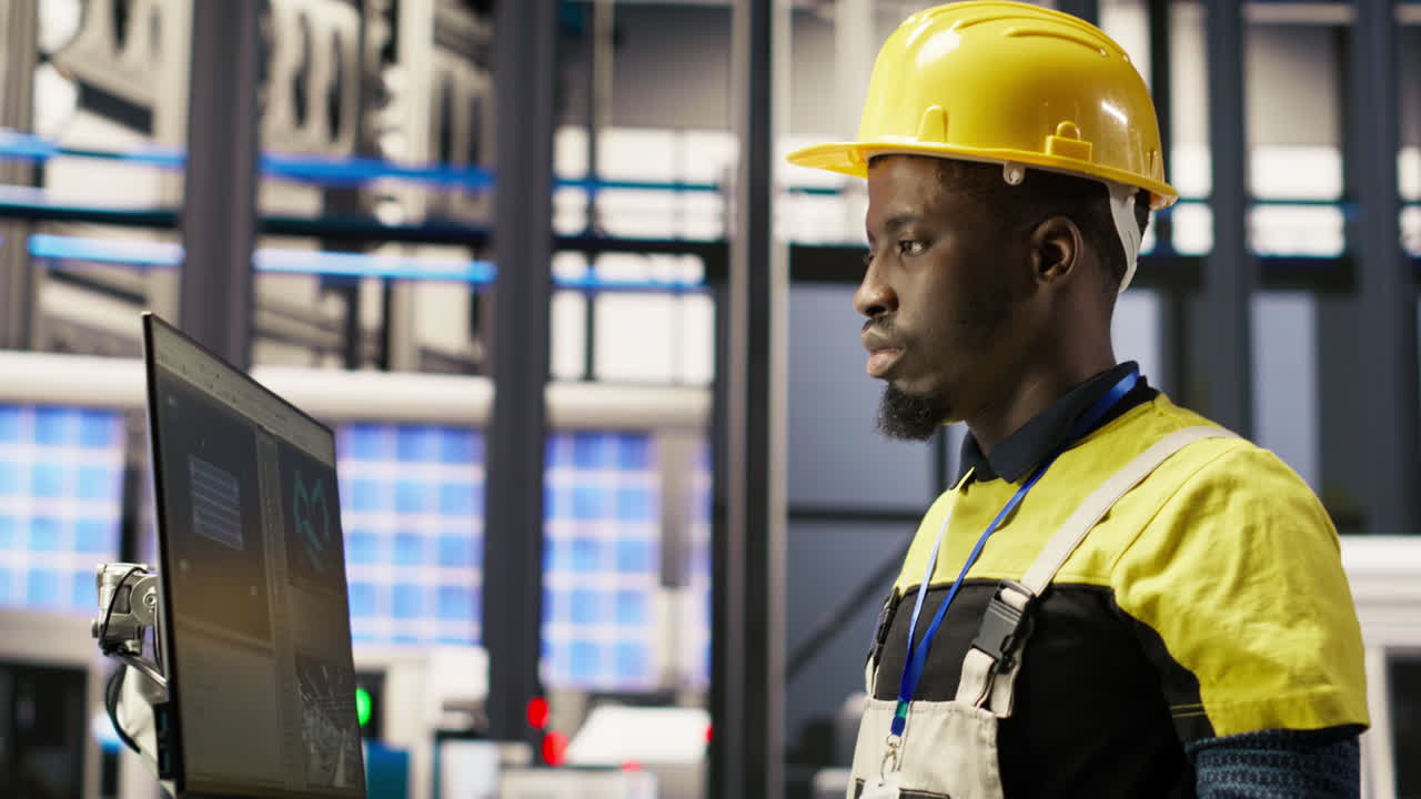 Vertical video Solar panels plant engineer uses PC to oversee systems