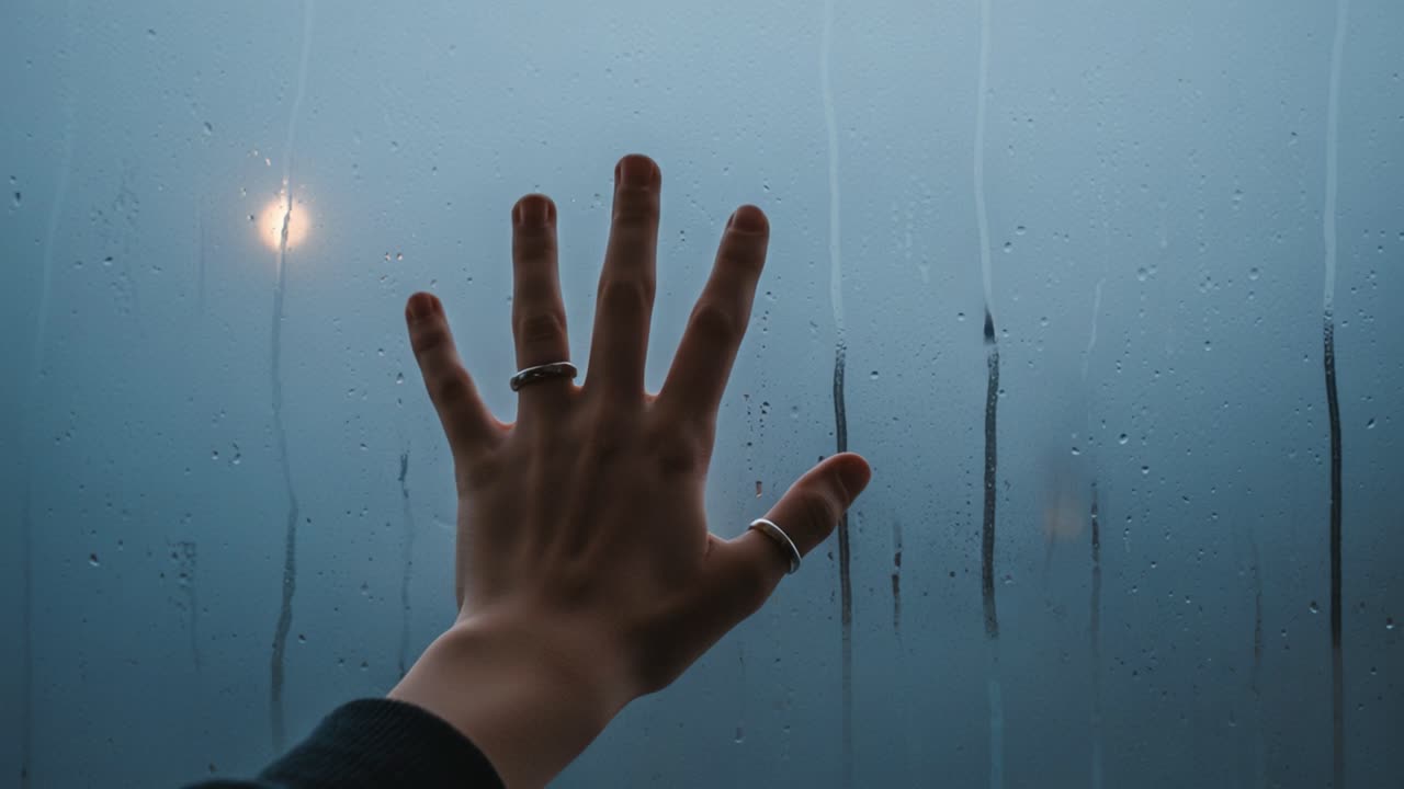 A Hand Reaching Out Against a Rain-Drenched Window, Capturing the Essence of Isolation and Longing as Water Beads Down in a Melancholic Atmosphere