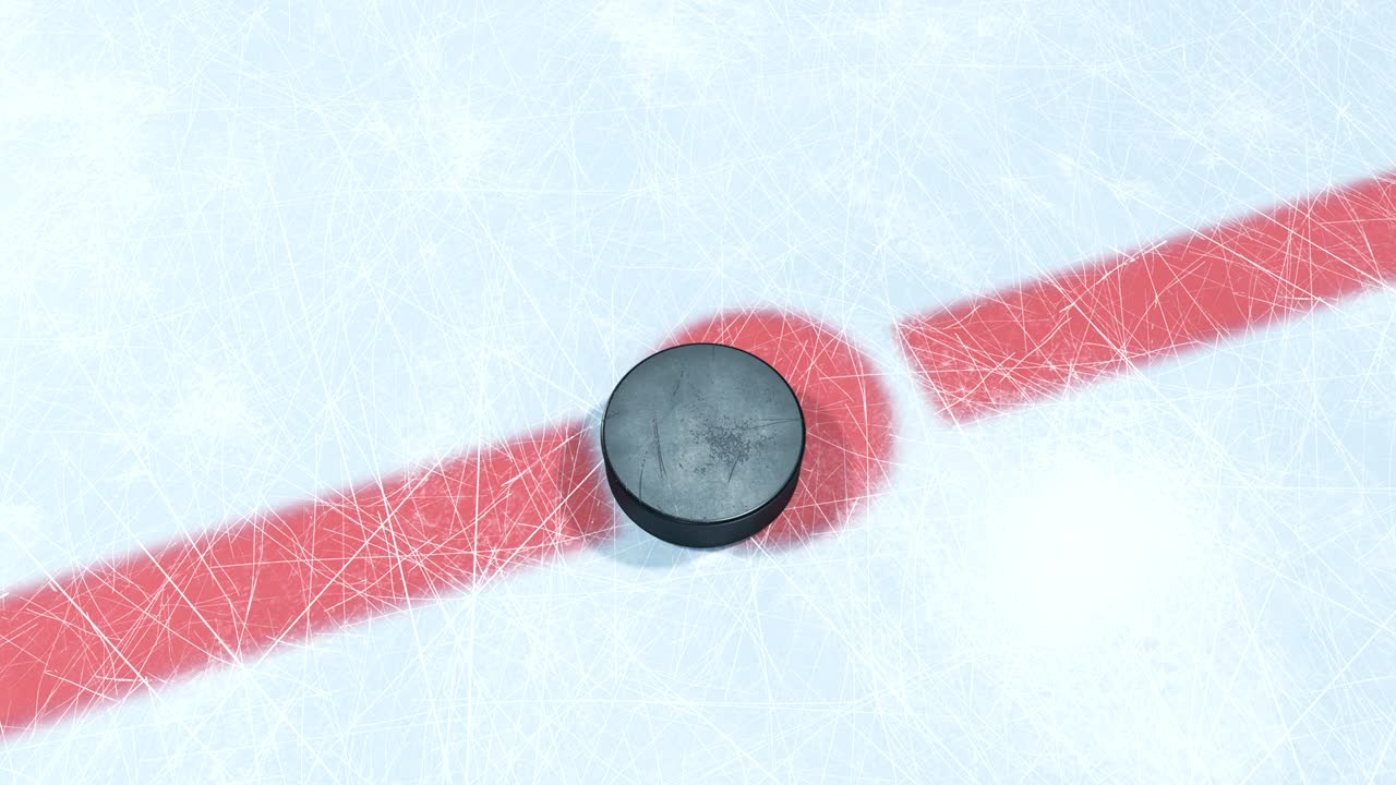 푸른 화면 알파 마스크에서 dof blur와 함께 얼음에 떨어지는 푸크의 3d 애니메이션.