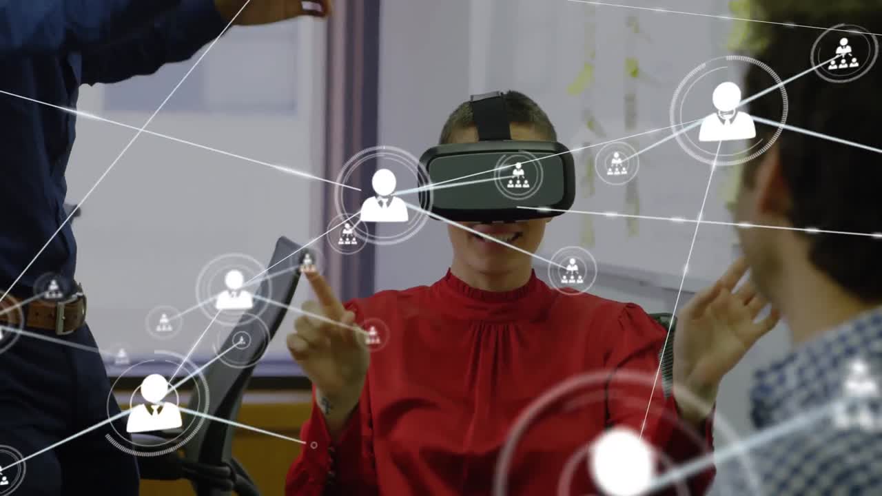 Connectors moving and digital data on man using VR helmet