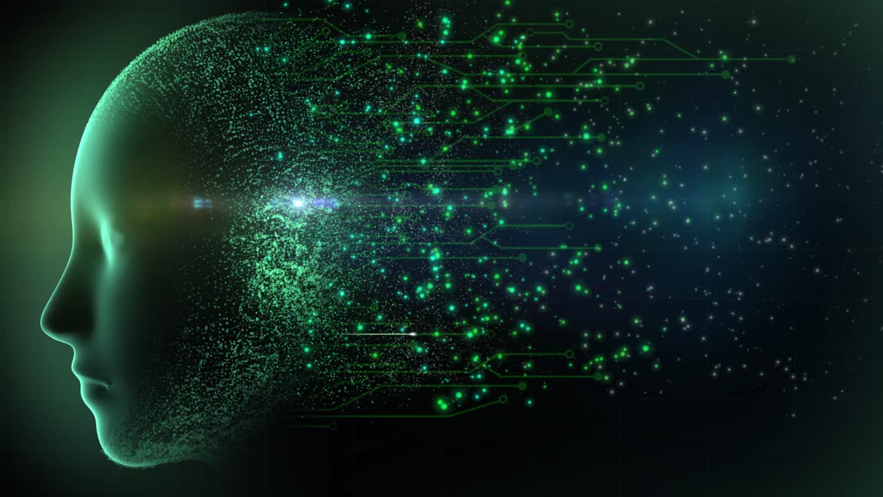 diseño de concepto gráfico animado de alta calidad que representa tecnología emergente con neuronas disparadas en circuitos y partículas que fluyen del cerebro ai, con espacio para su propio texto, en un esquema de color verde azulado
