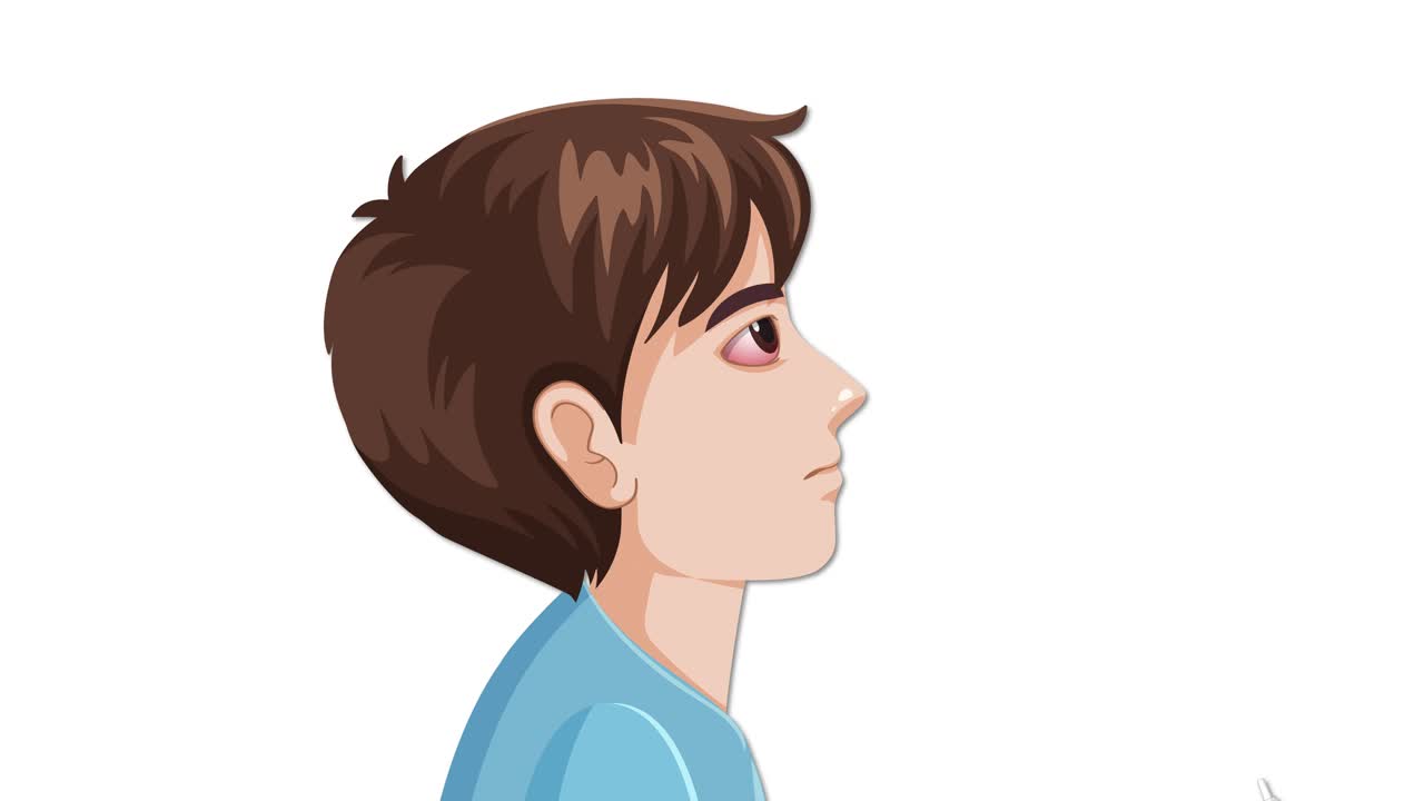Animated sequence shows boy with conjunctivitis applying eye drops, side view, clean vector style