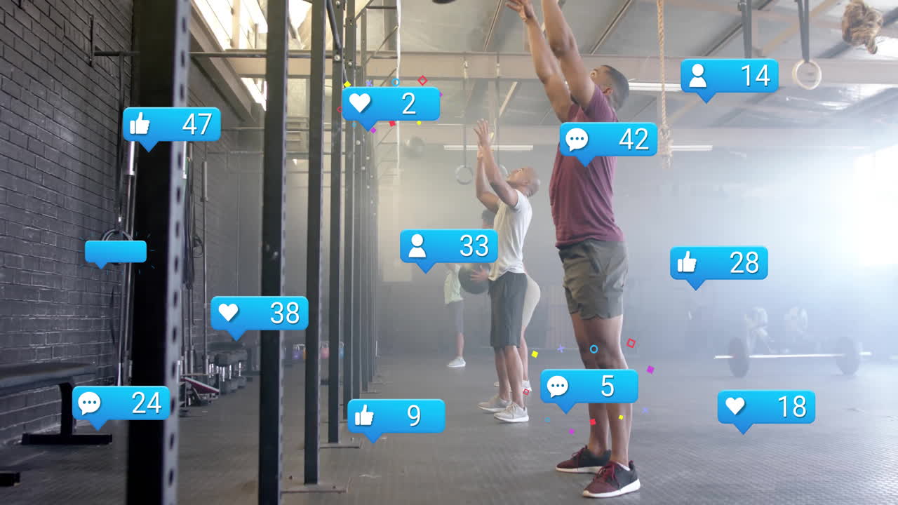 People exercising in gym with social media notifications overlay animation