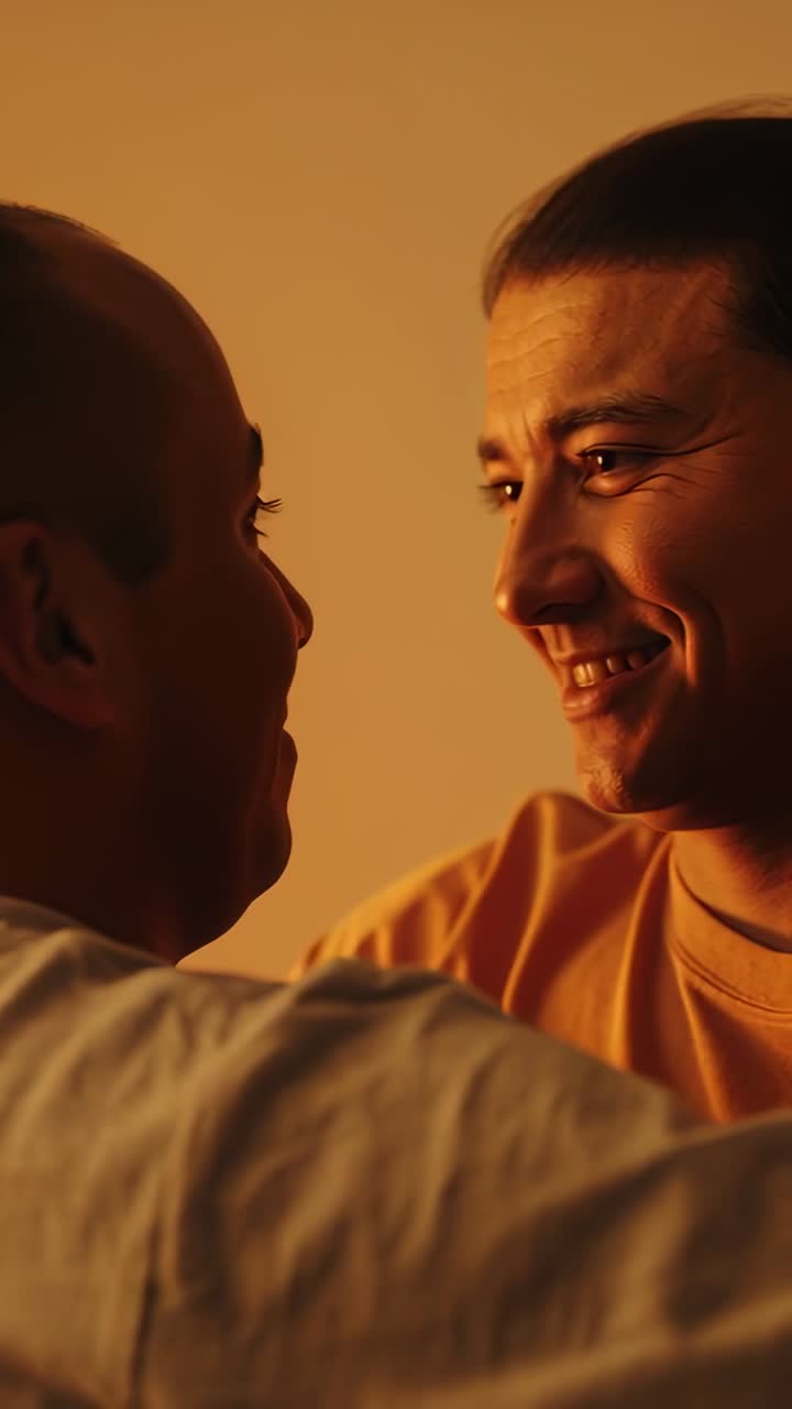 Vídeo vertical: Dos hombres abrazándose y acercándose en un fondo ámbar, mostrando afecto, con un anillo visible.