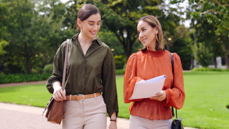 Walking,-paperwork-and-business-women-in-a-park