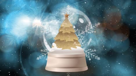 Animation-of-snow-falling-over-snow-globe-with-christmas-tree-and-light-spots-on-black-background