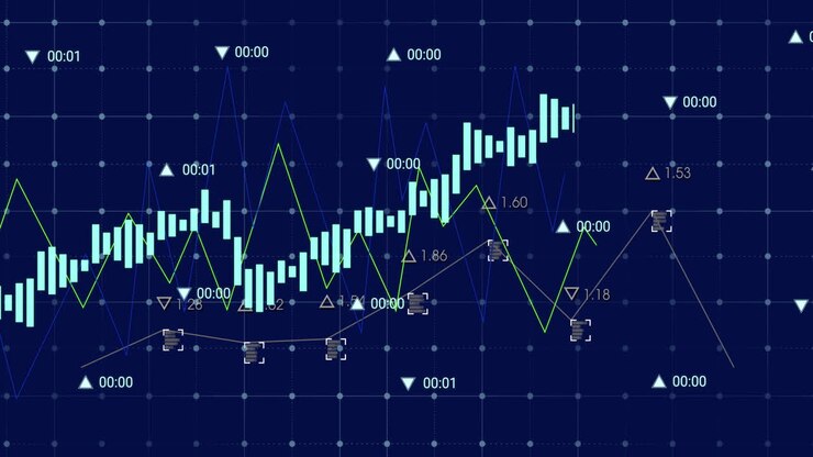 Animation of data processing over grid network against blue background