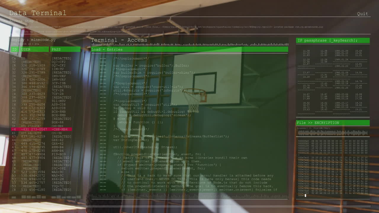 Computer code and data processing animation over indoor basketball court scene