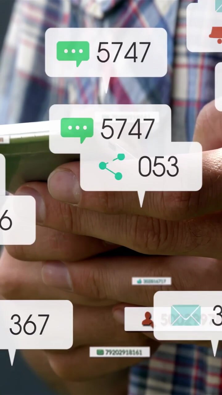Vertical video: Man gripping phone as alerts floating over forearm, tapping to manage social media