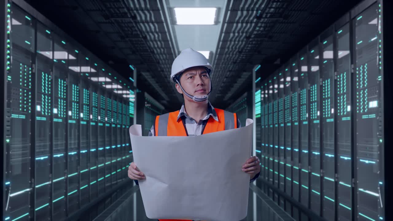 Front View of Asian Male Engineer Looking At Blueprint In His Hands While Walking in Server Room Data Center
