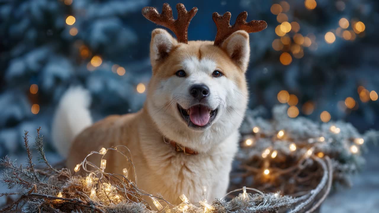 A Joyful Akita Dog Dons Festive Antlers Amidst a Sparkling Winter Wonderland, Capturing the Spirit of the Holiday Season with Cheerful Decorations and Twinkling Lights