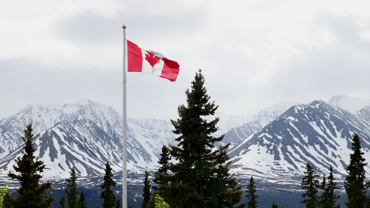 Canadian Flag flapping in the wind in front of snowy mountains