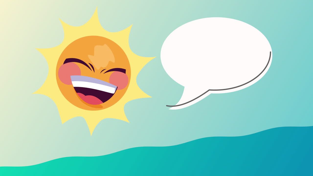 만화 태양 캐릭터와 바다와 함께 여름 시간 애니메이션