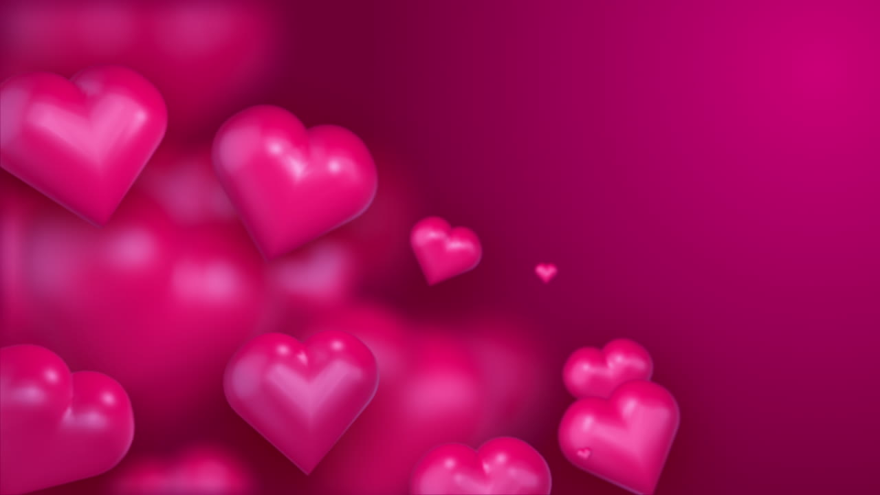 Animated 3D shapes of hearts on a pink gentle romantic background. Place for text. Love looped greeting card screensaver.