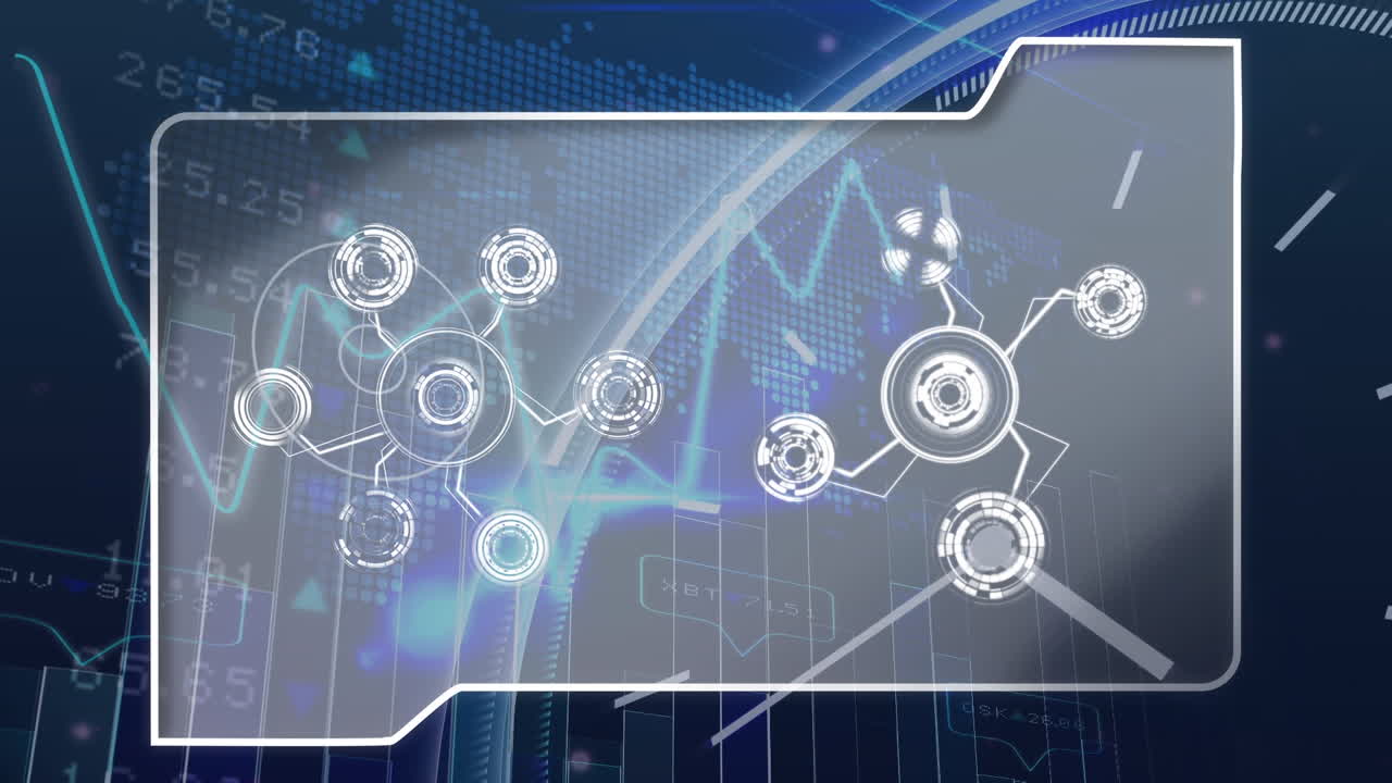 해군 배경의 금융 데이터 위에 아이콘이 있는 디지털 화면의 애니메이션
