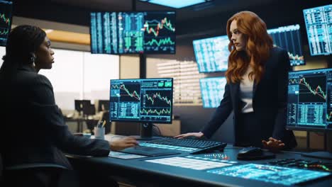 a high-stakes financial analysis scene featuring two professionals engaged in a dynamic interaction amidst advanced data displays and financial charts