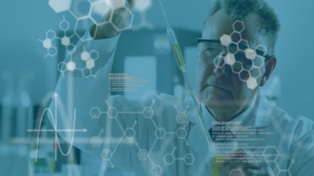 Animation of chemical formula and data processing over caucasian male scientist doing experiment