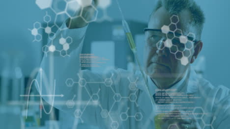 animación de la fórmula química y el procesamiento de datos sobre el científico caucásico haciendo un experimento