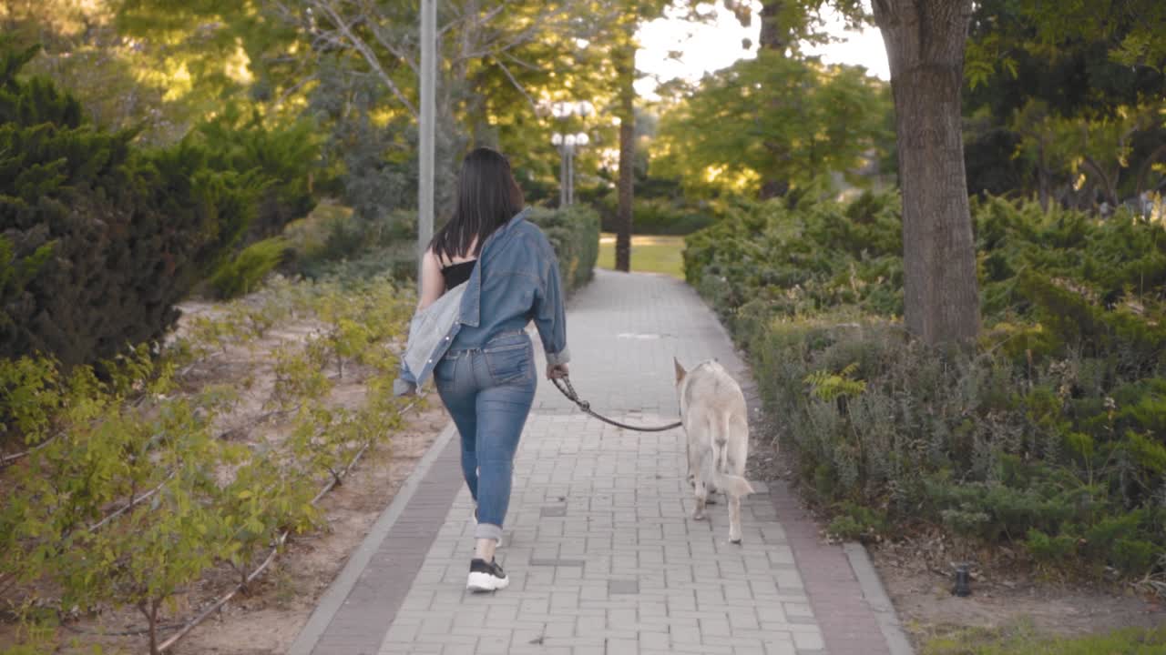 chica paseando a un perro en el parque