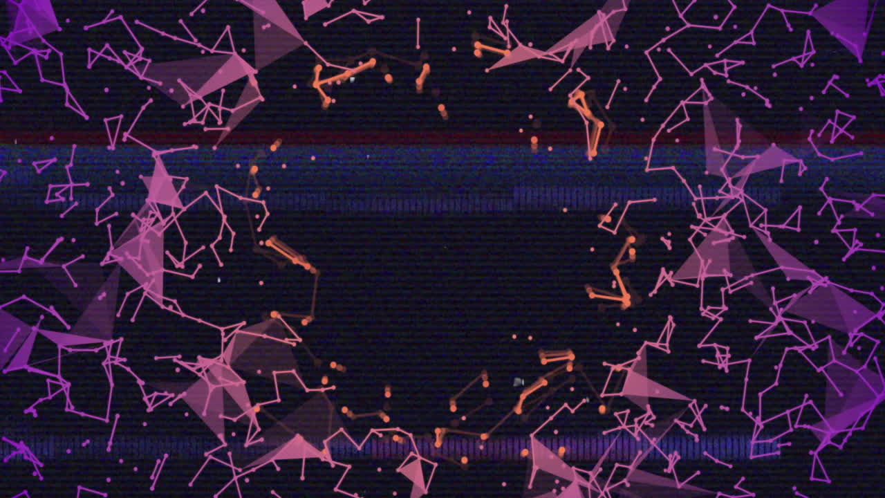 Central dark glitch rectangle display emitting scanlines amid floating nets with glowing nodes
