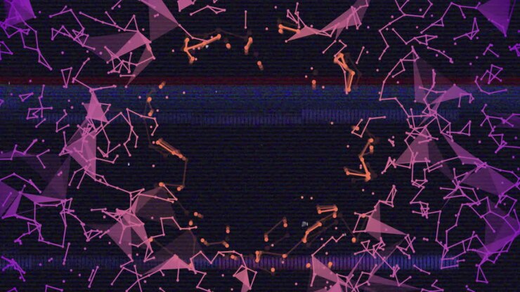 Central dark glitch rectangle display emitting scanlines amid floating nets with glowing nodes