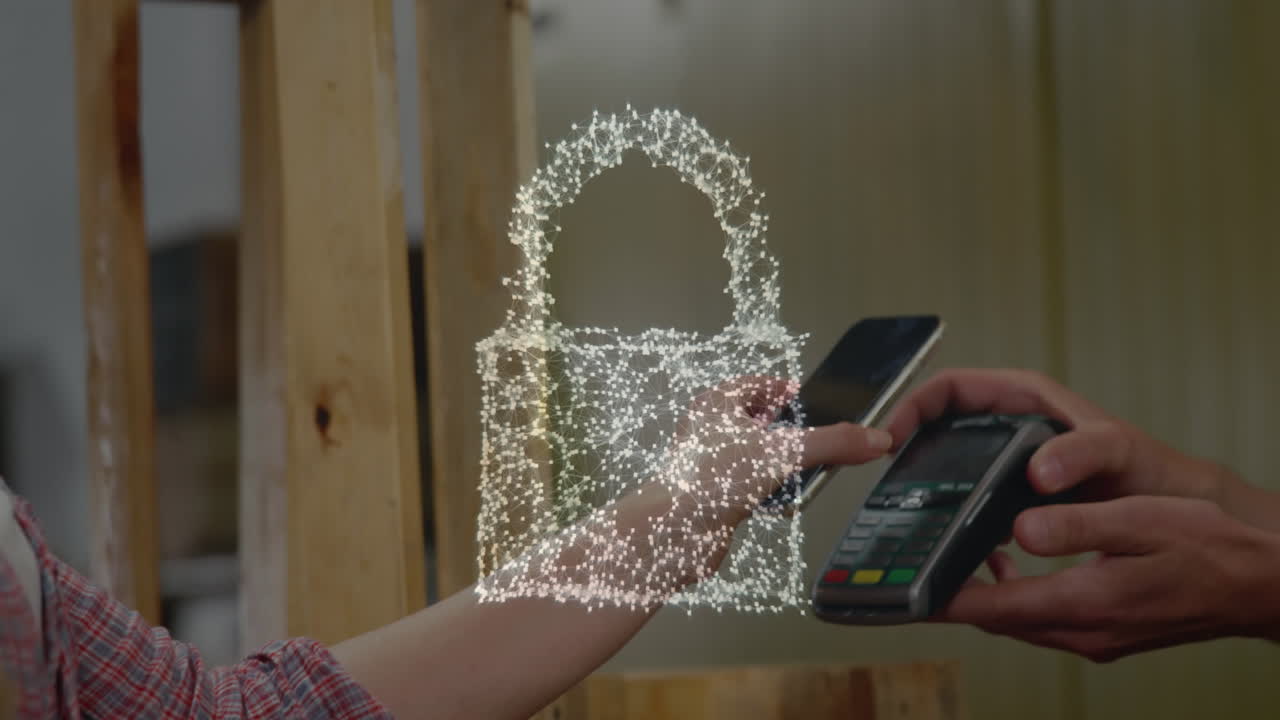 animación del candado de seguridad de la red sobre las personas que utilizan el terminal de pago