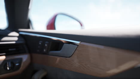 close-up of a car's interior door panel with wood trim