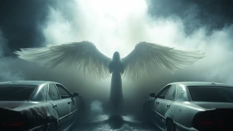 angel with wings in smoky atmosphere