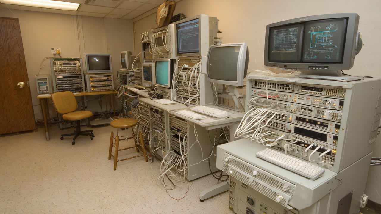 A Control Room Filled with Computer Equipment and Networking Gear Showcasing Cables, Monitors, and Workstations for Technical Operations and Maintenance Tasks