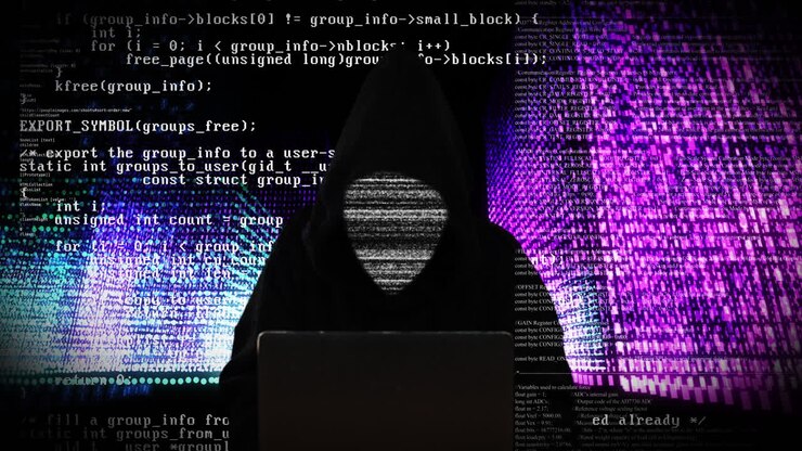 Hacker foran en dataskjerm med kode.