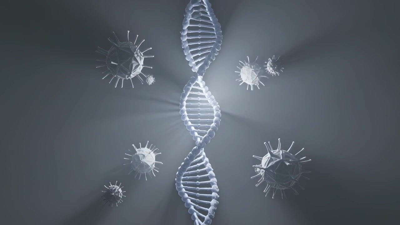 Pulsing backlight causing luminous DNA helix rotating and swaying in studio, with spiked particles