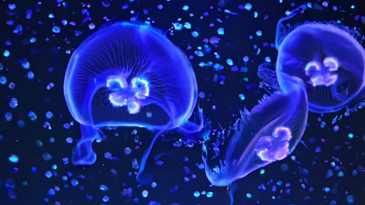 Underwater video of glowing jellyfish in a deep blue sea