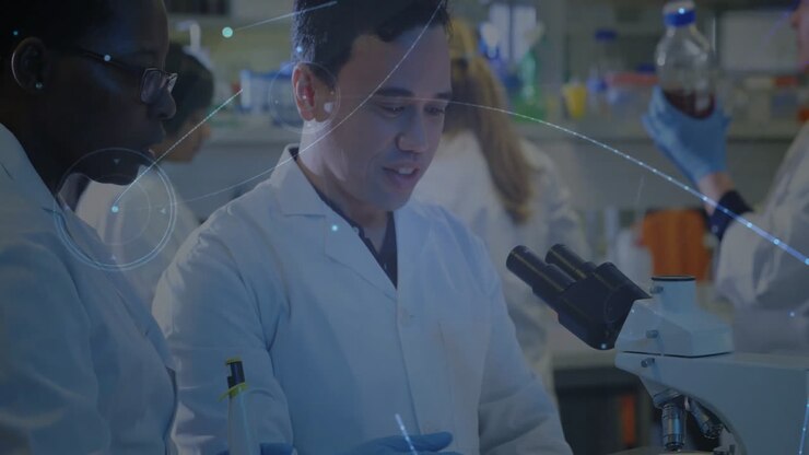 Animation of network of connections over diverse scientists in laboratory